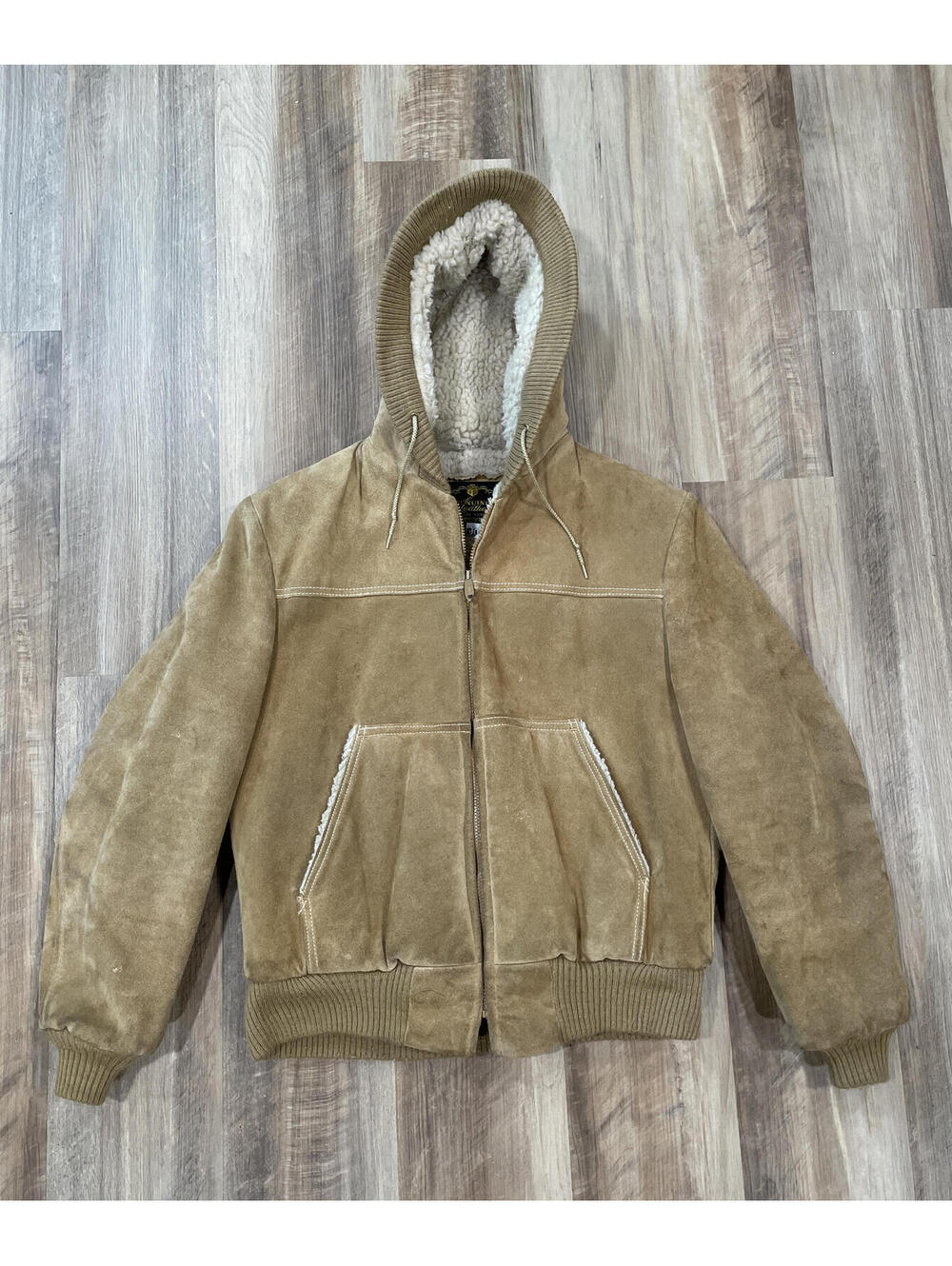 VTG 70s/80s Genuine Leather Suede Sherpa Lined Hooded Full Zip Jacket Coat Sz 40